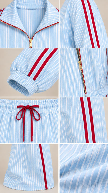 Detailed close-up collage of light blue striped fabric, zipper collar, drawstring, and cuffs
