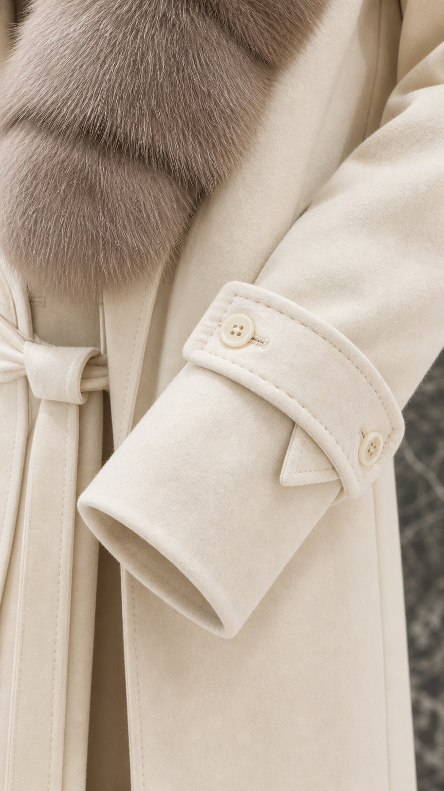 Close-up detail of smooth coat fabric, faux fur shawl collar, and buttoned cuff tab