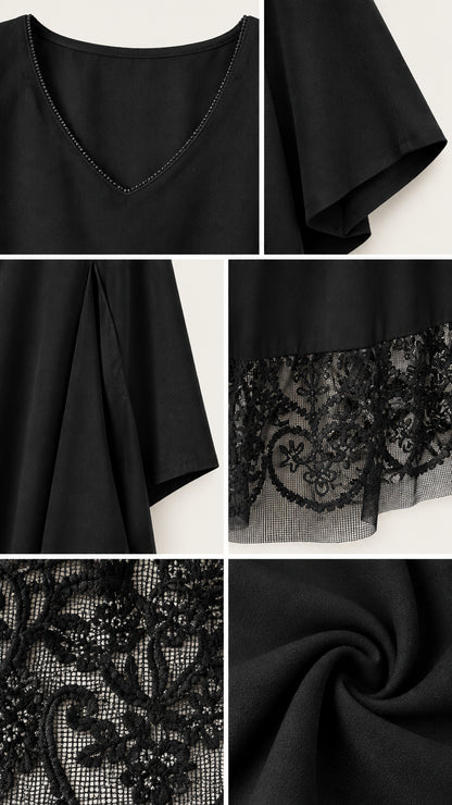 Close-up details of V-neckline, sleeve drape, fabric texture, and embroidered lace hem