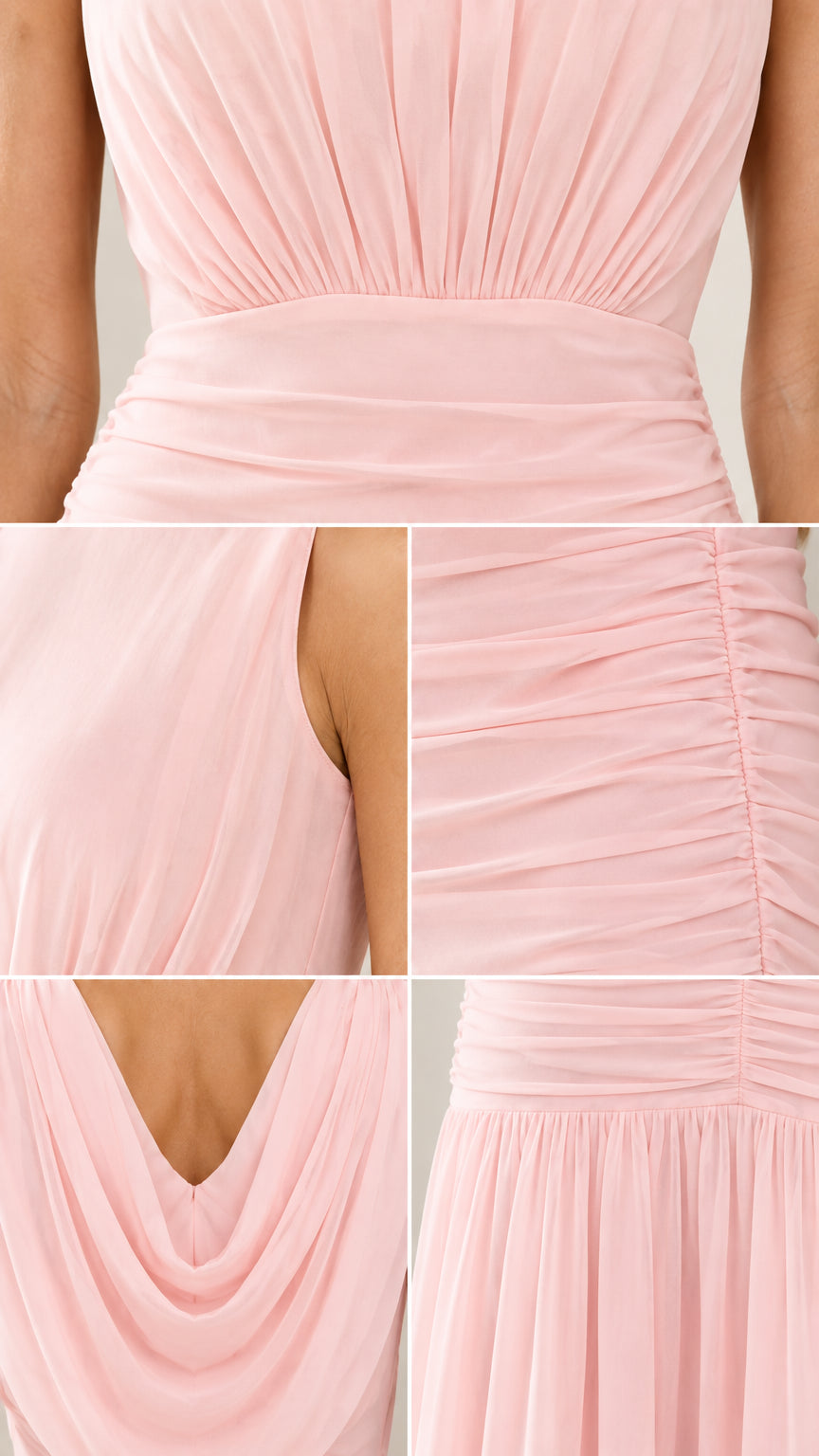 Close-up details of ruched texture, cowl back drape, and gathered bodice