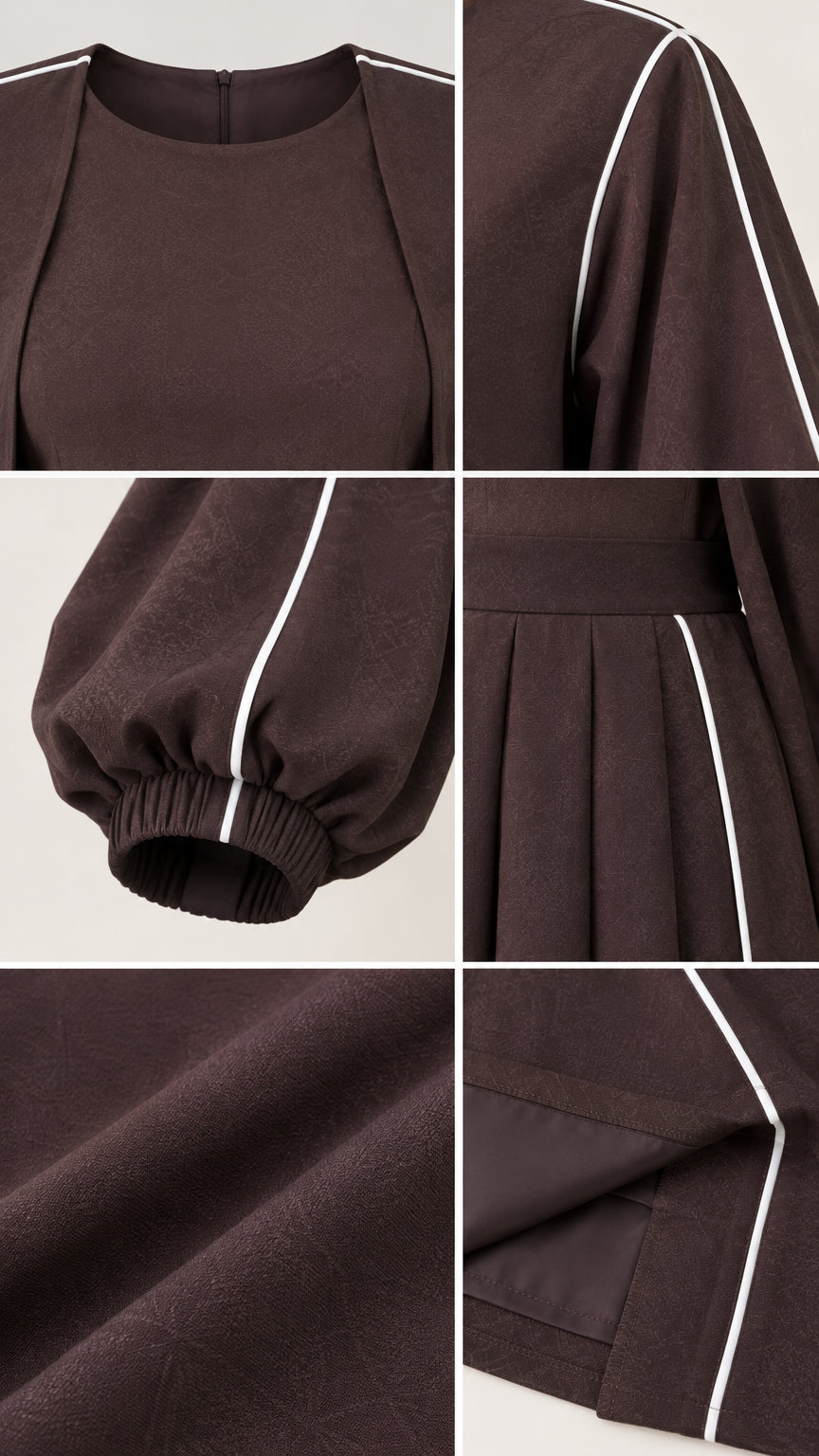 Close-up detail collage showing round neckline, sleeve piping, elastic cuff, and fabric texture