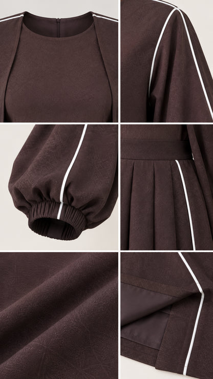 Close-up detail collage showing round neckline, sleeve piping, elastic cuff, and fabric texture