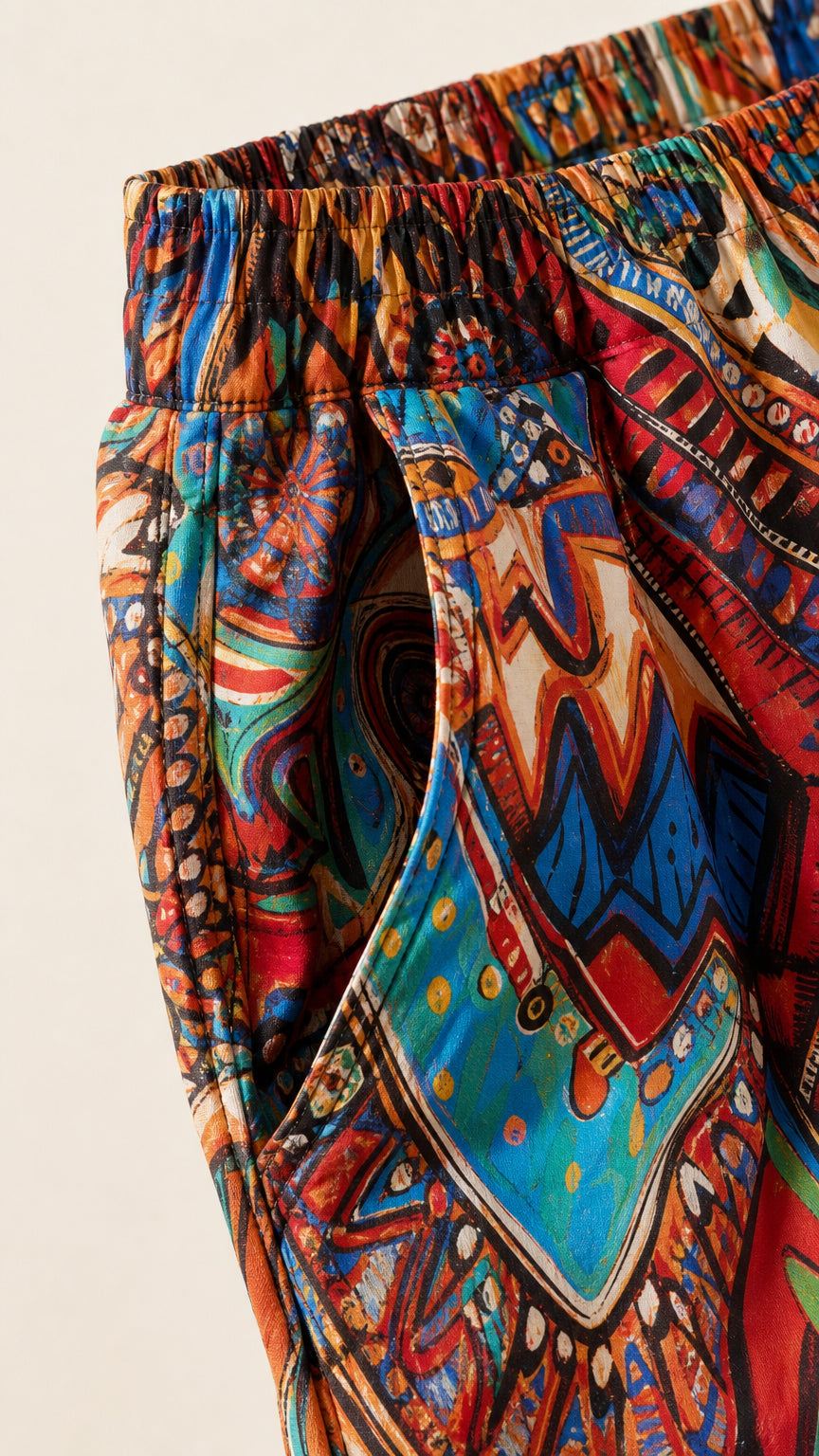 Close up view of gathered elastic waistband and side pocket detail on patterned pants