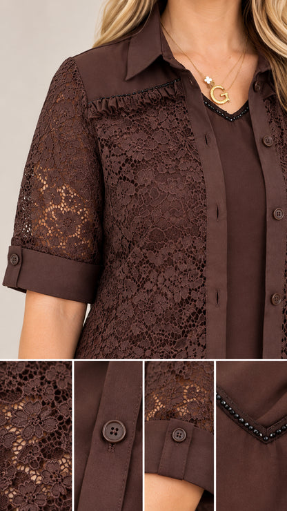 Close-up of Chocolate Brown floral lace, collar, buttons, and beaded neckline