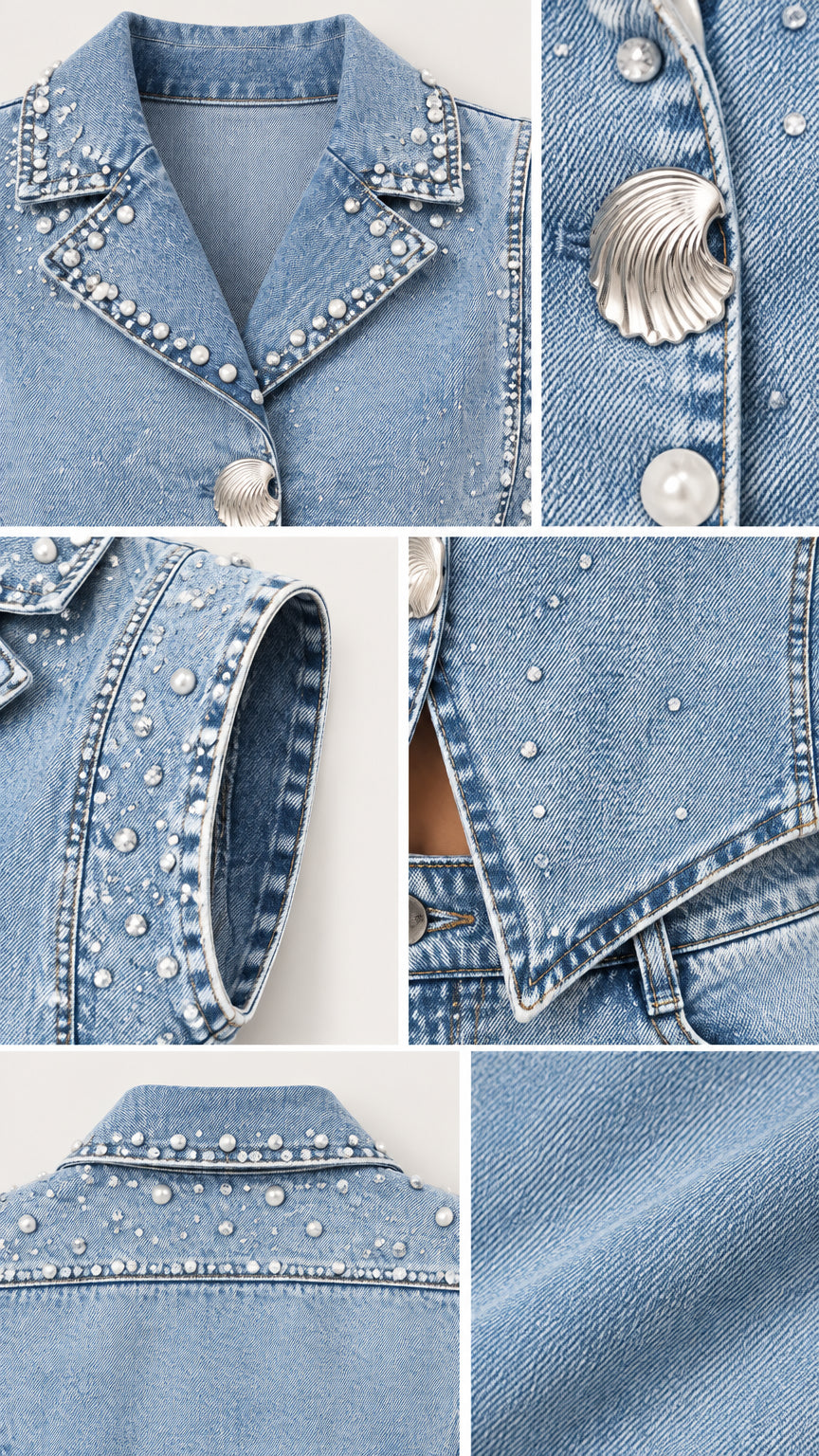 Close-up details of pearl beading, rhinestone studs, and silver buttons on Light Blue denim fabric