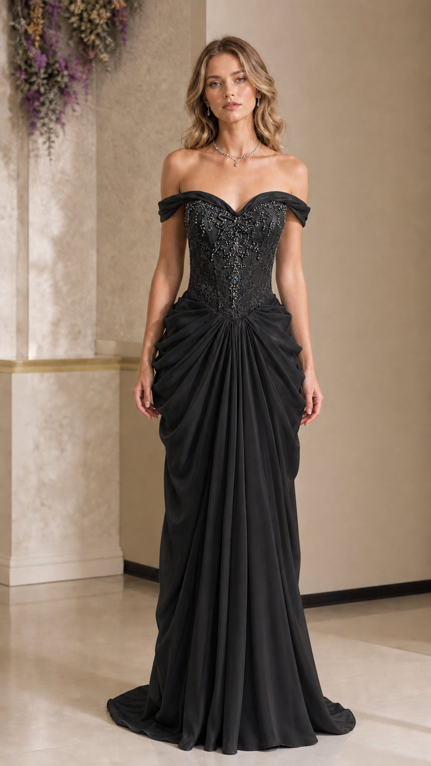 Black off-the-shoulder beaded formal evening gown with draped skirt