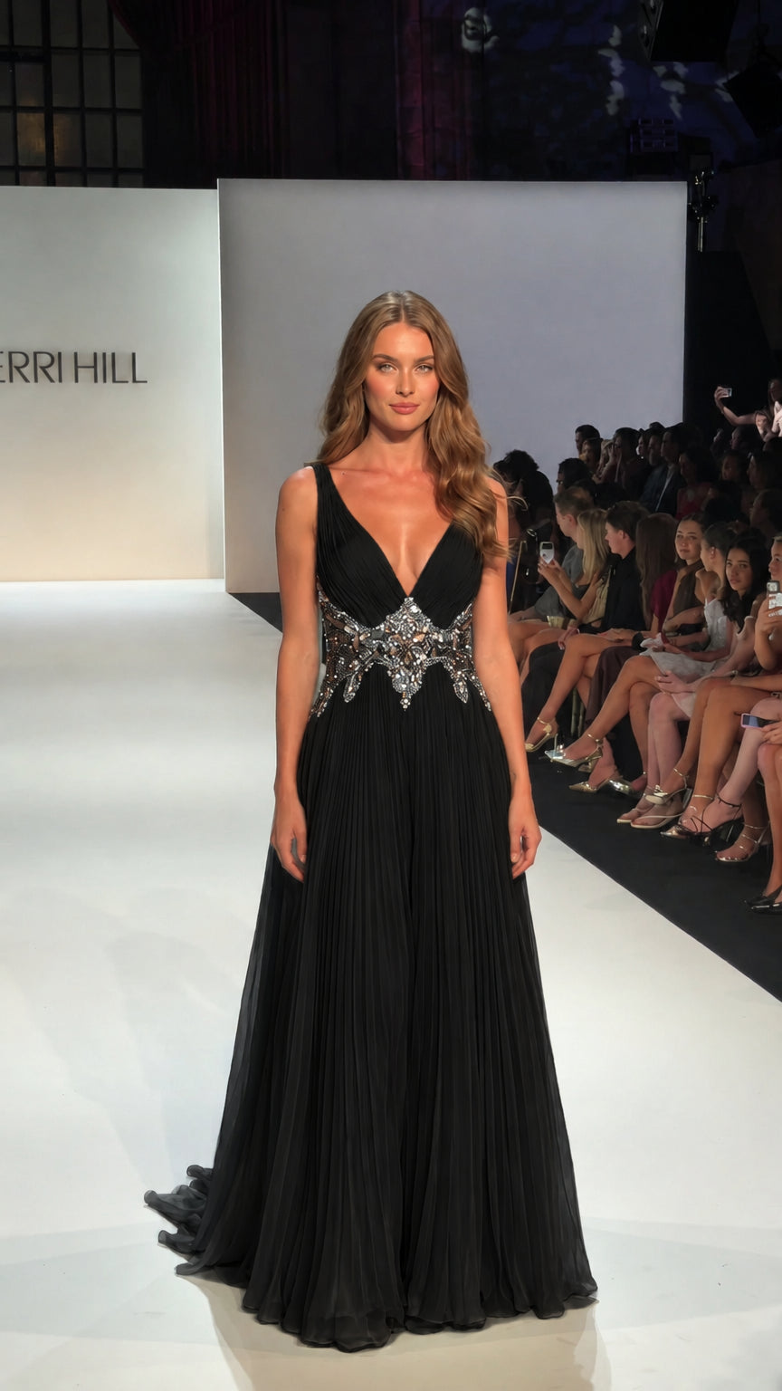 Black pleated sleeveless V-neck evening gown with silver-toned embellished waist