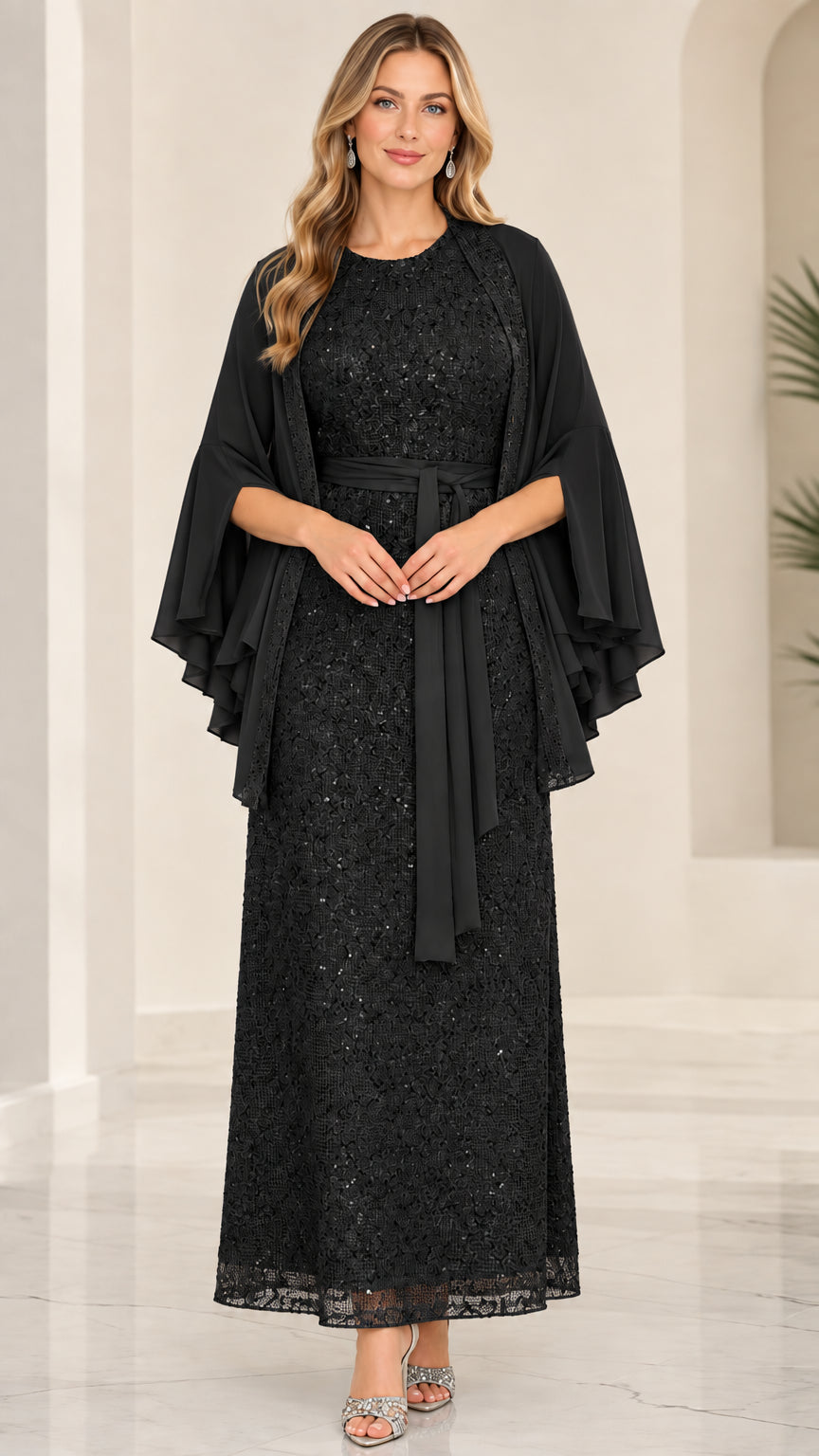 Black sequined lace maxi formal dress with matching chiffon capelet