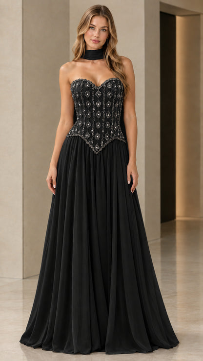 Front view of black beaded basque waist formal evening gown