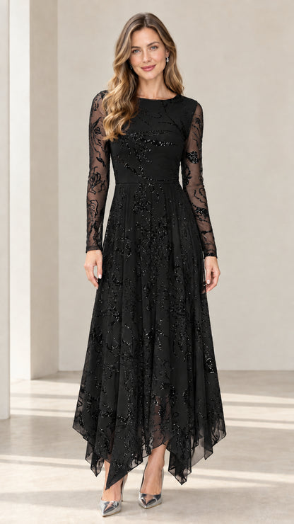 Front view of black sequin embroidered long sleeve handkerchief hem evening midi dress