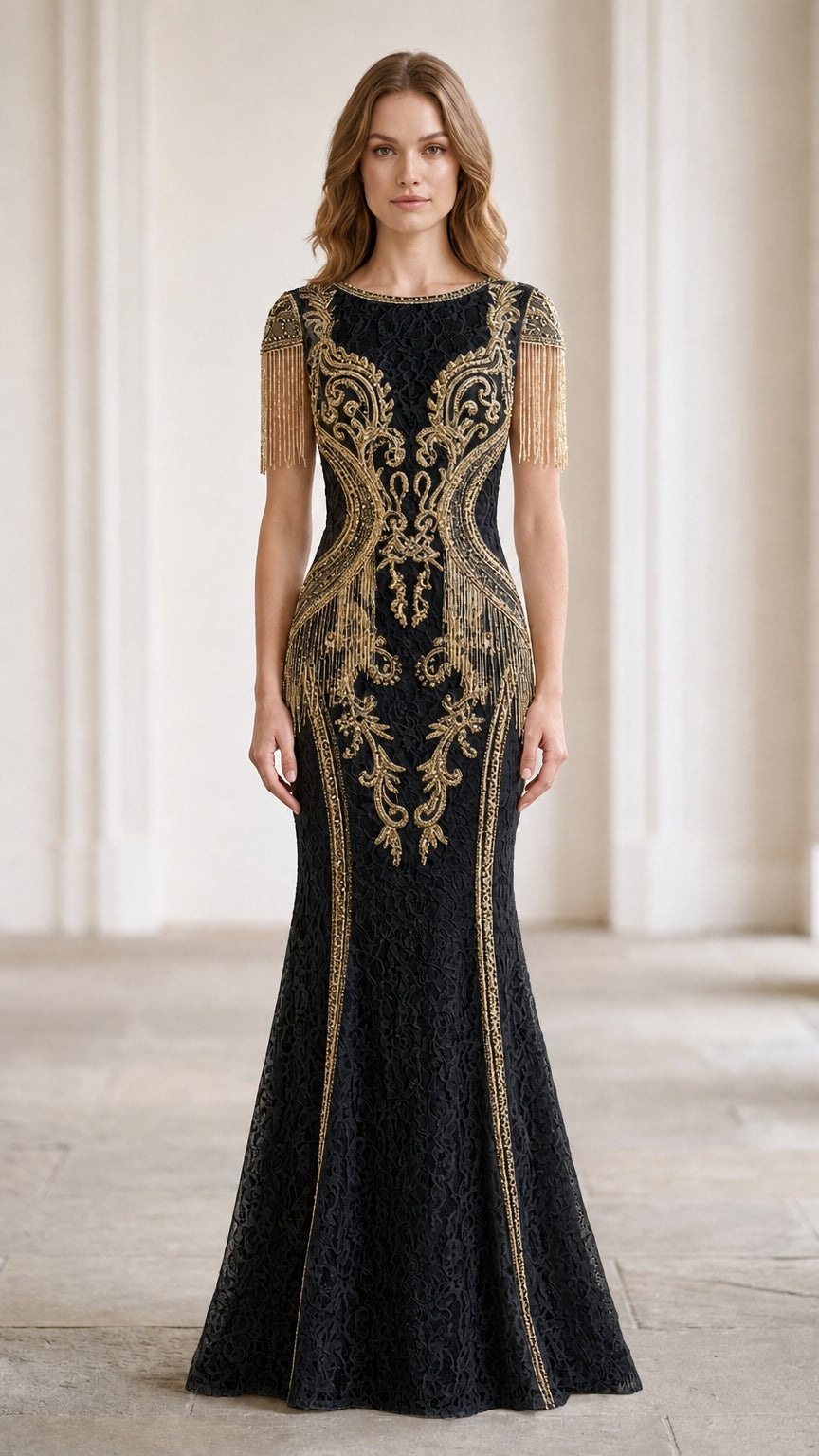 Front view of black lace mermaid gown featuring striking gold baroque beading and fringe sleeves