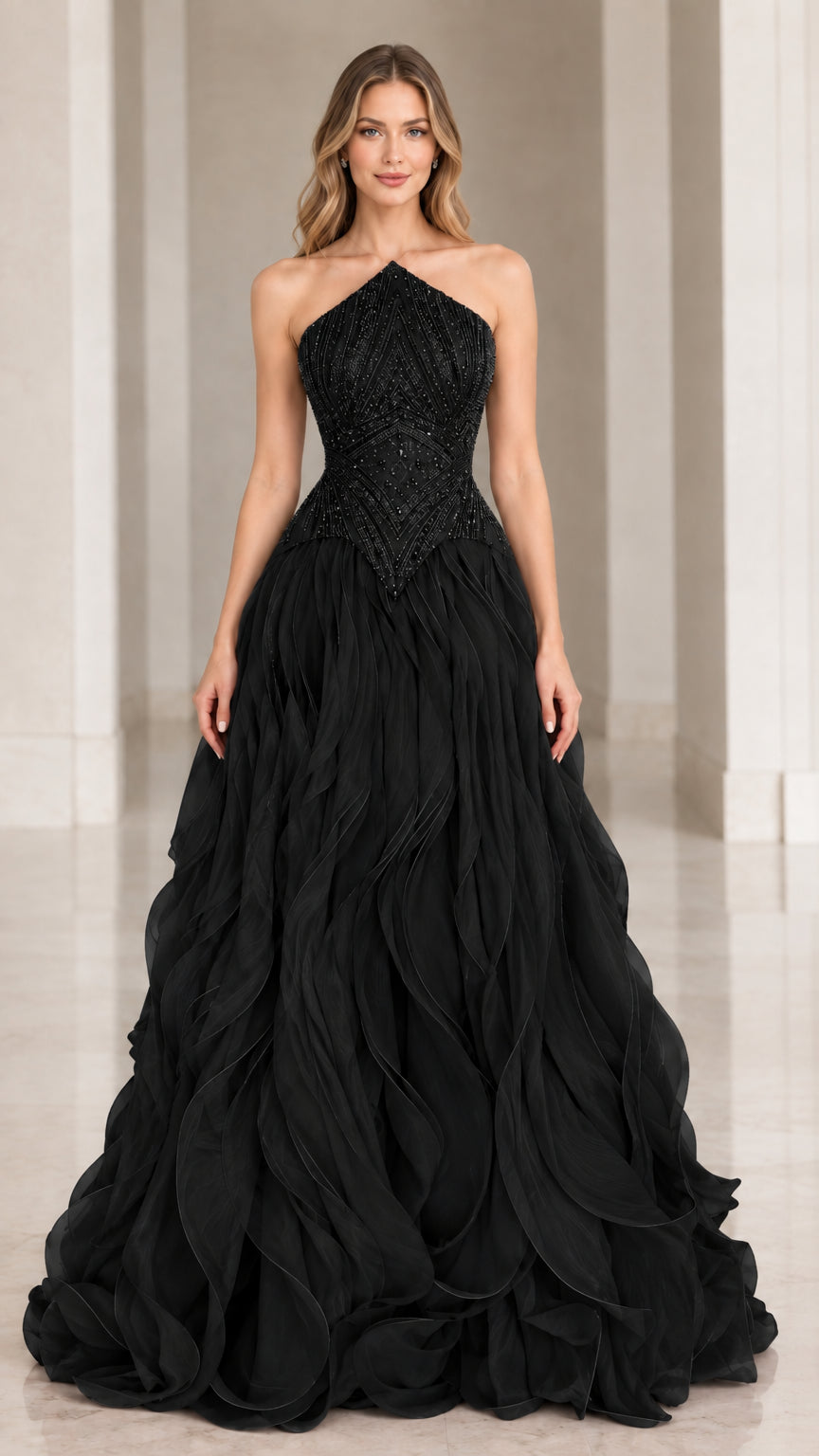 Front view of Black Beaded Halter Ruffle Ball Gown