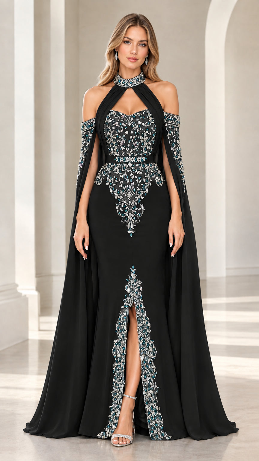Black beaded halter neck evening gown with dramatic cape sleeves
