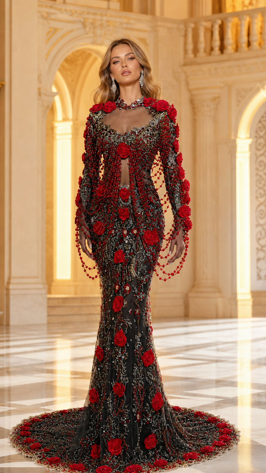 Model wearing Black beaded mermaid gown with red 3D floral appliqués and drape sleeves