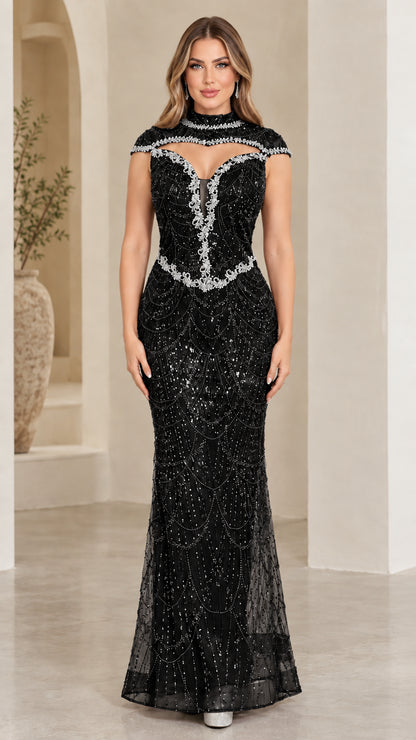 Black beaded and sequined keyhole mermaid evening gown on model