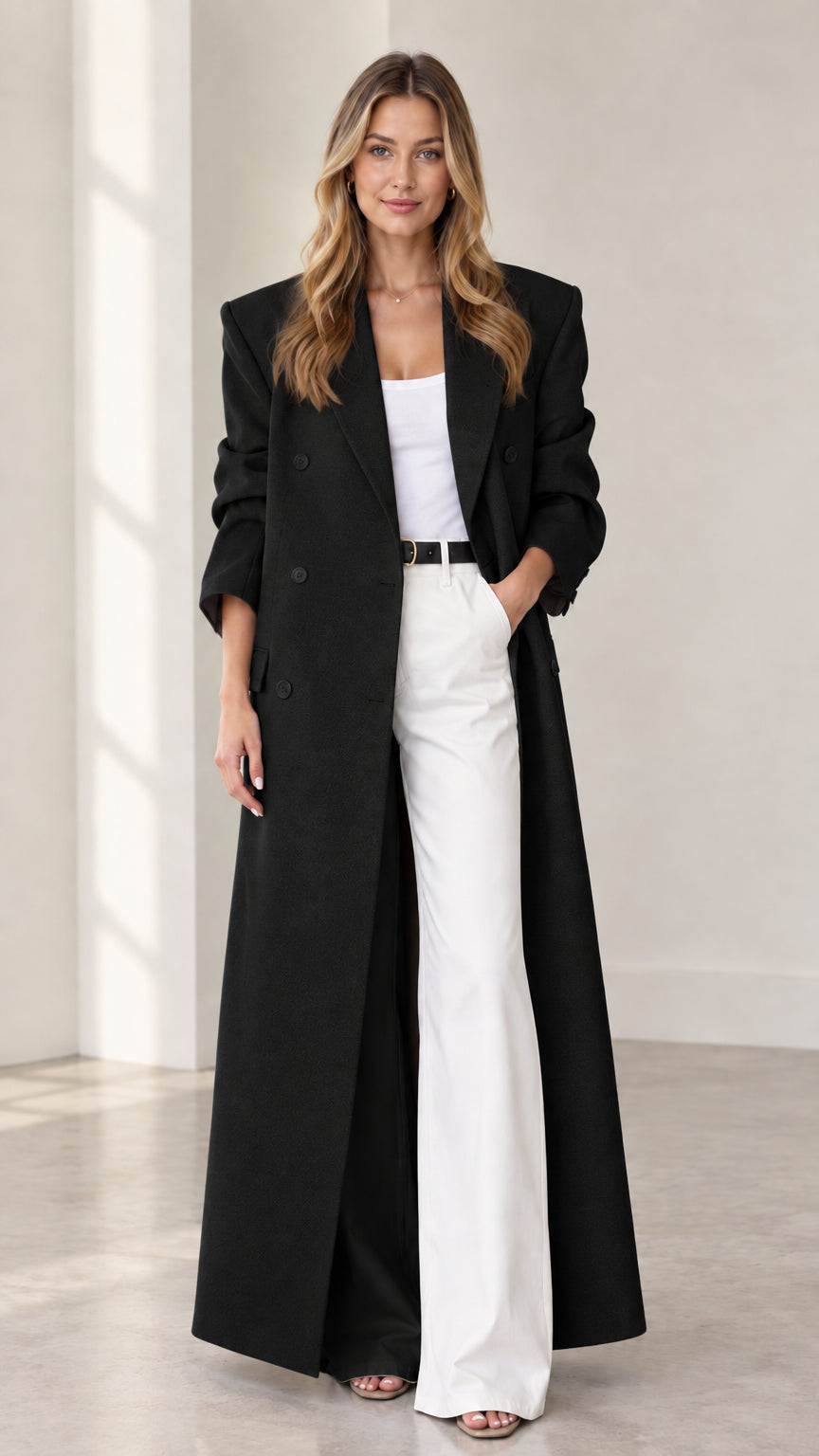Full front view of black floor-length maxi tailored duster coat