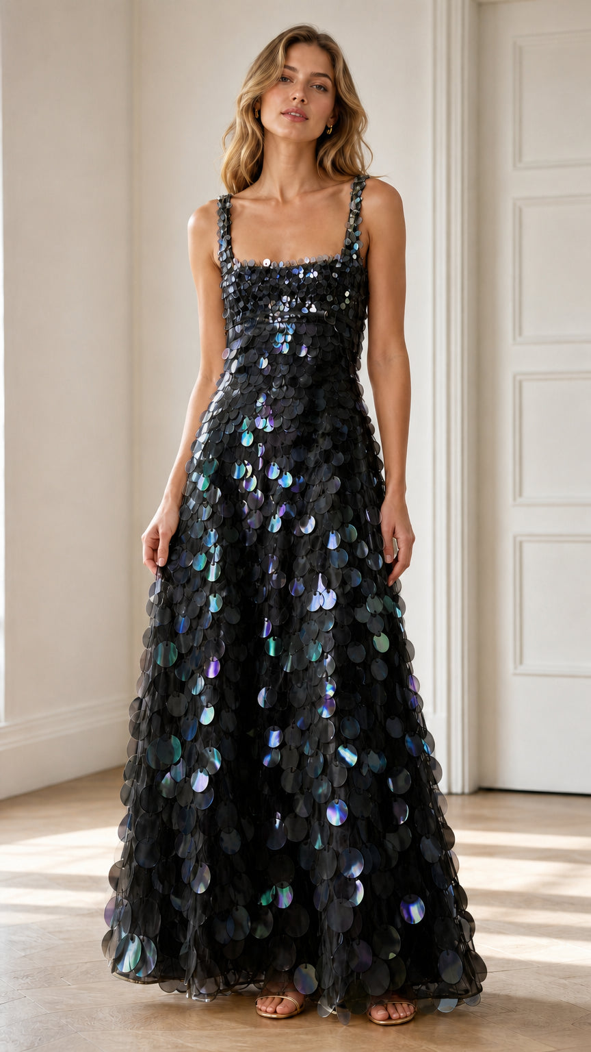 Full-length front view of black iridescent disc sequin sleeveless evening gown