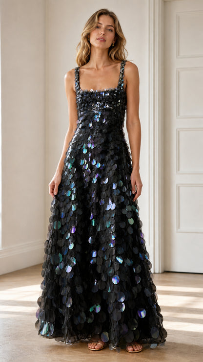 Full-length front view of black iridescent disc sequin sleeveless evening gown