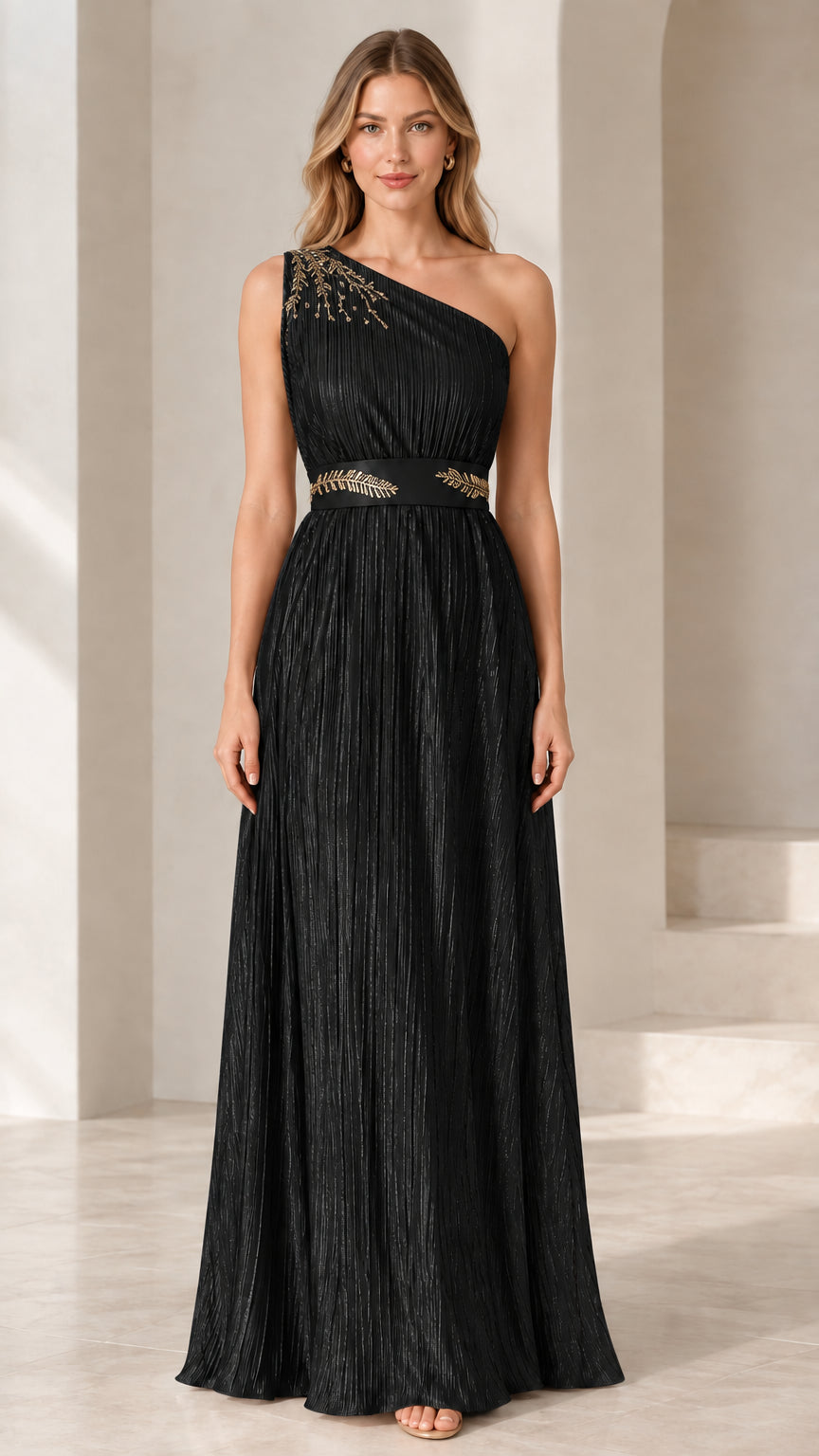 Front view of model wearing Black one-shoulder pleated evening gown
