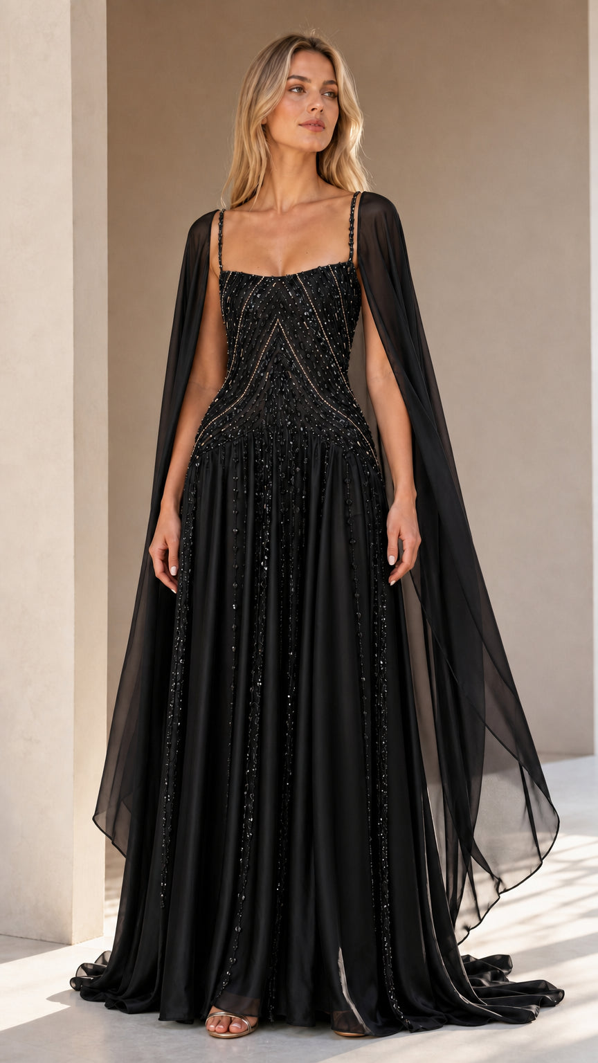 Front view of black beaded cape sleeve evening gown