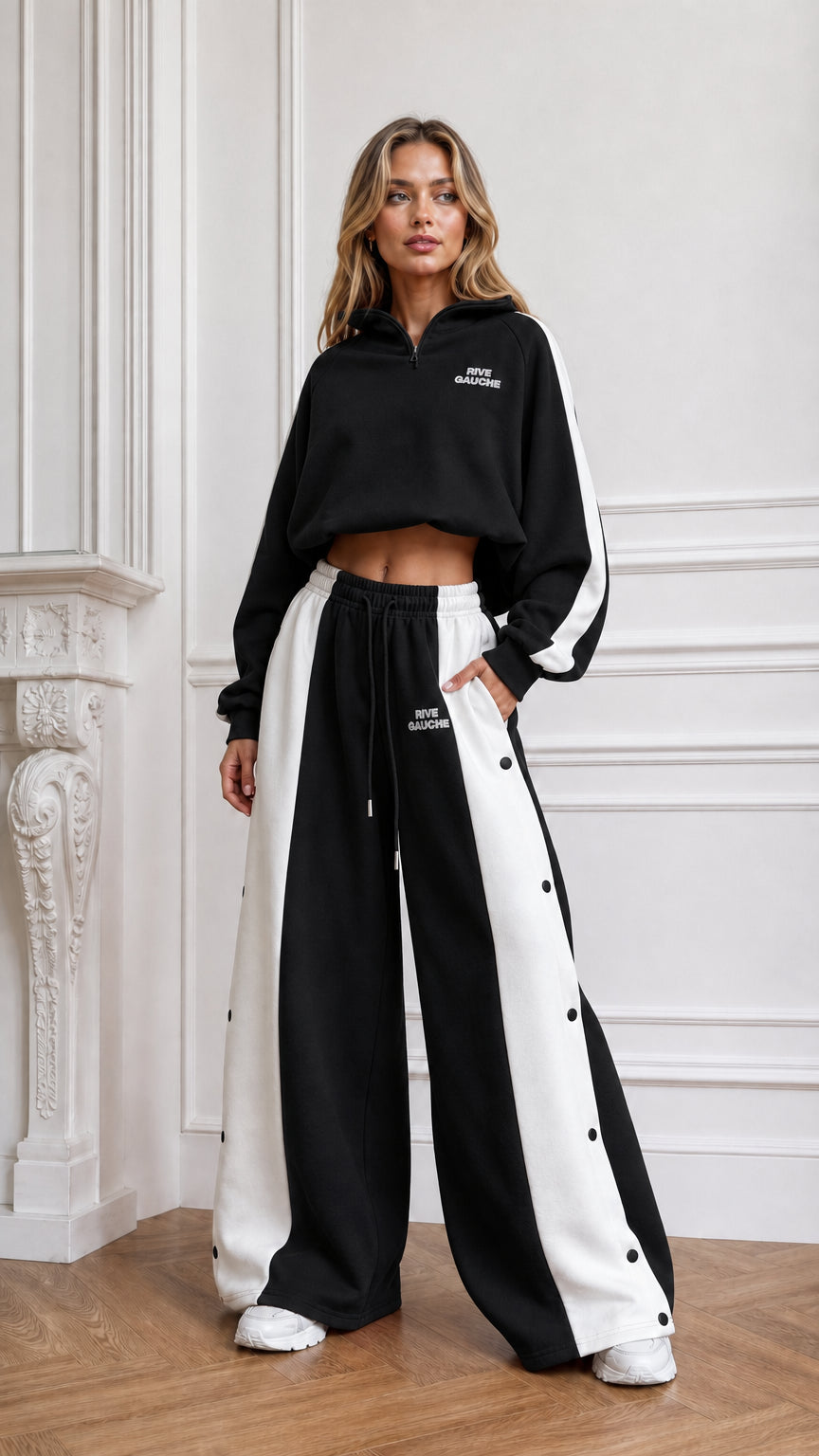 Black cropped hoodie and wide-leg side-snap track pants two-piece set