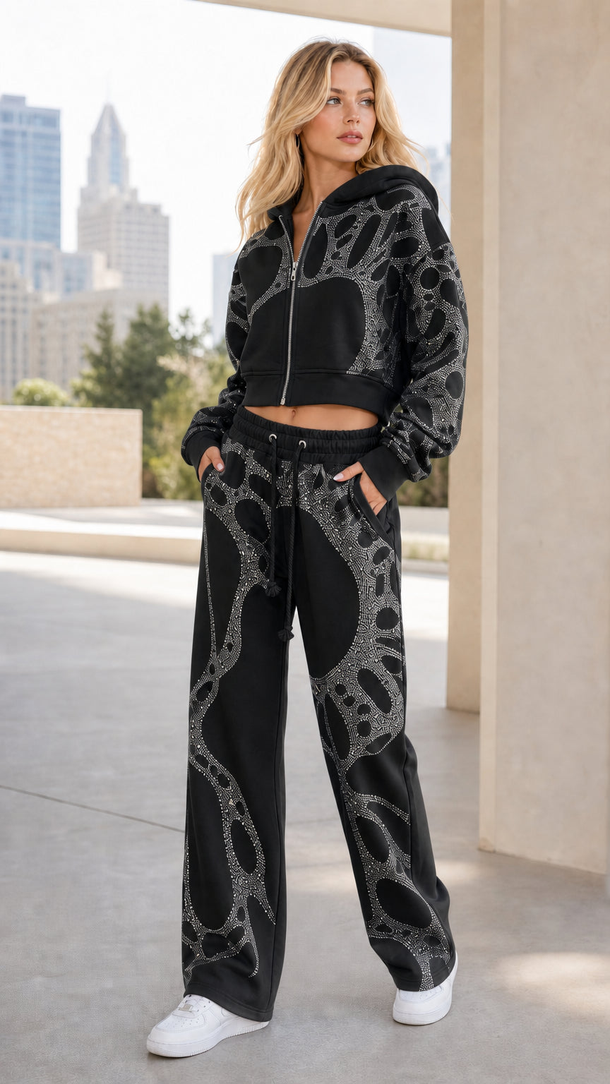 Front view of woman wearing Black rhinestone cropped hoodie and wide-leg sweatpants set