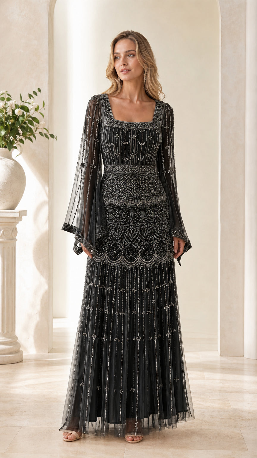 Front view of black beaded formal gown with long bell sleeves
