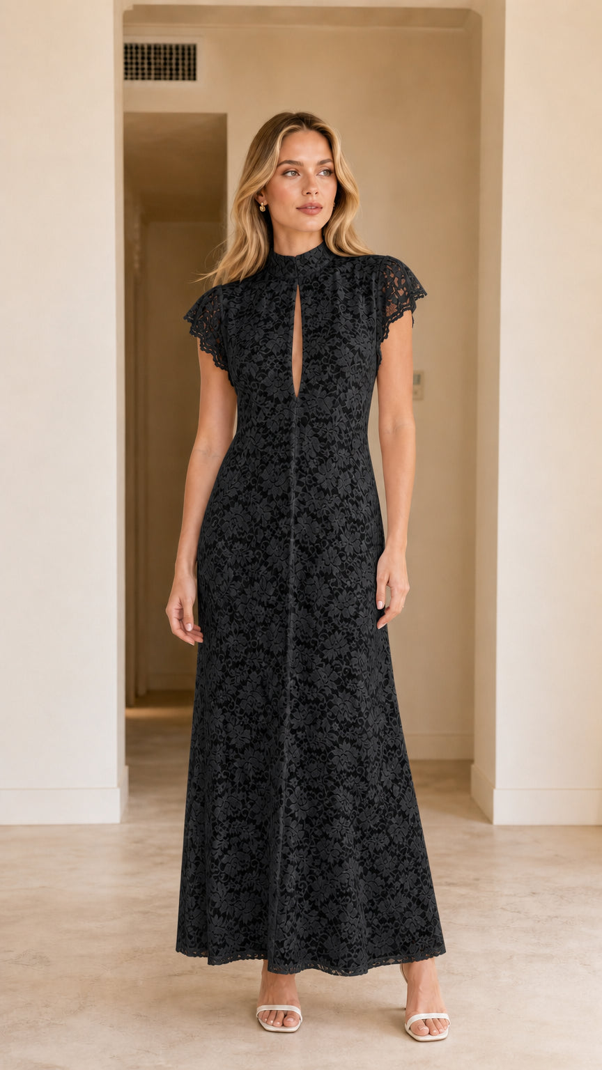 Model wearing black high neck floral lace evening maxi dress