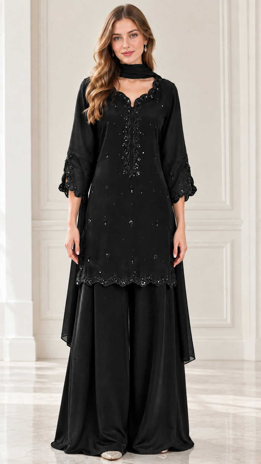 Full-length front view of black embroidered kurti and wide-leg trousers suit set