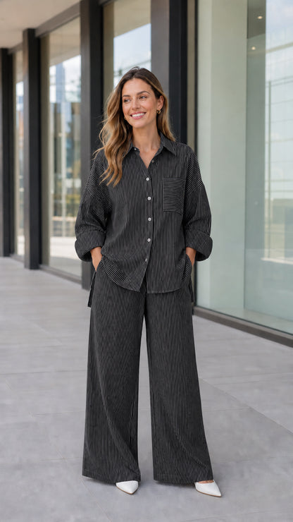 Full-length view of woman wearing black and white striped two-piece lounge set