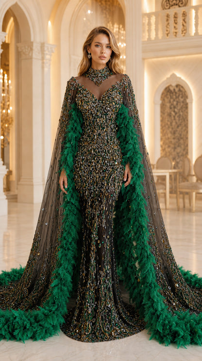 Black and emerald green beaded evening gown with matching feather cape