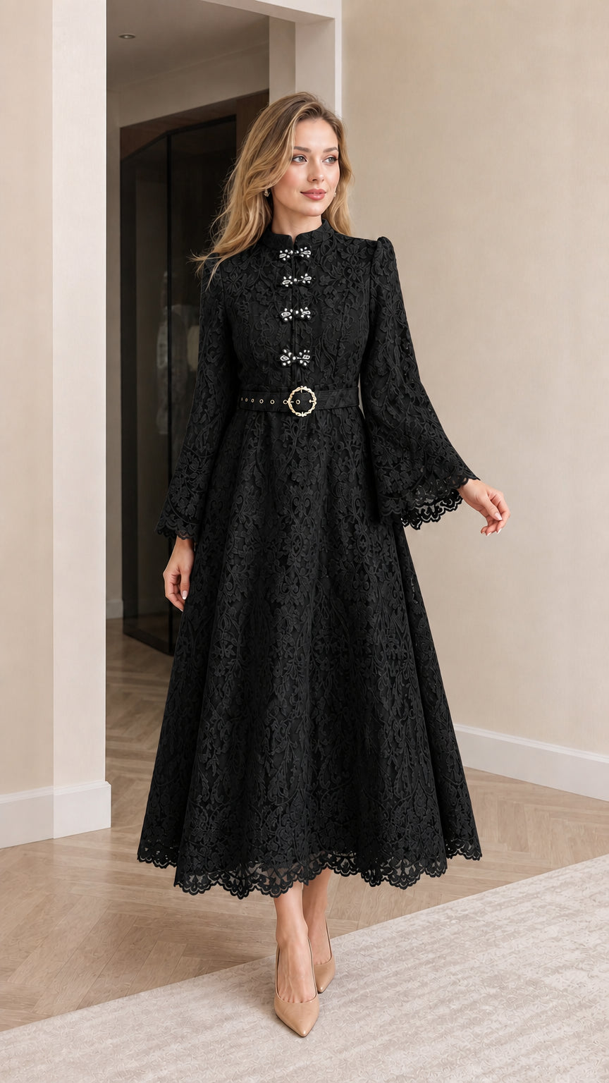Front full view of black floral lace mandarin collar maxi dress with belt