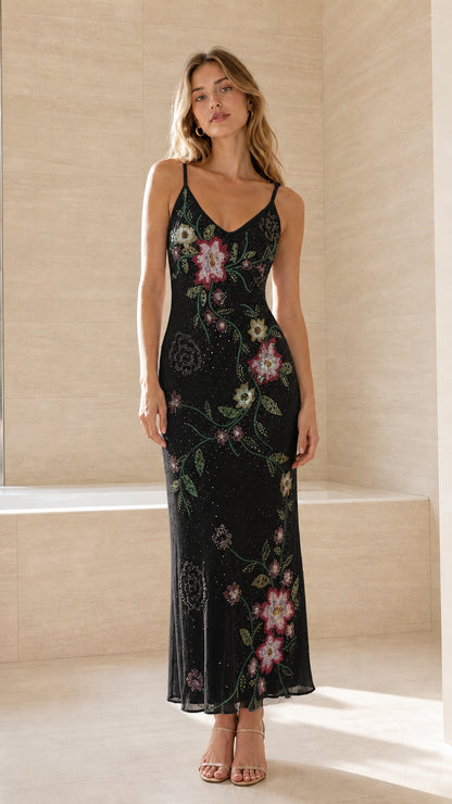 Black floral embroidered beaded maxi slip dress