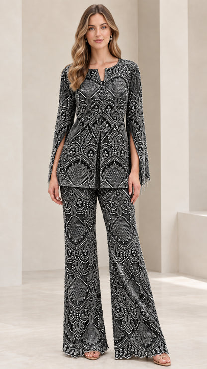 Black embroidered lace tunic and flared pant suit set