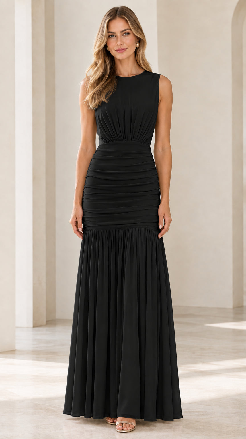 Black sleeveless cowl back ruched pleated maxi evening dress