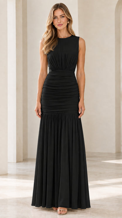Black sleeveless cowl back ruched pleated maxi evening dress