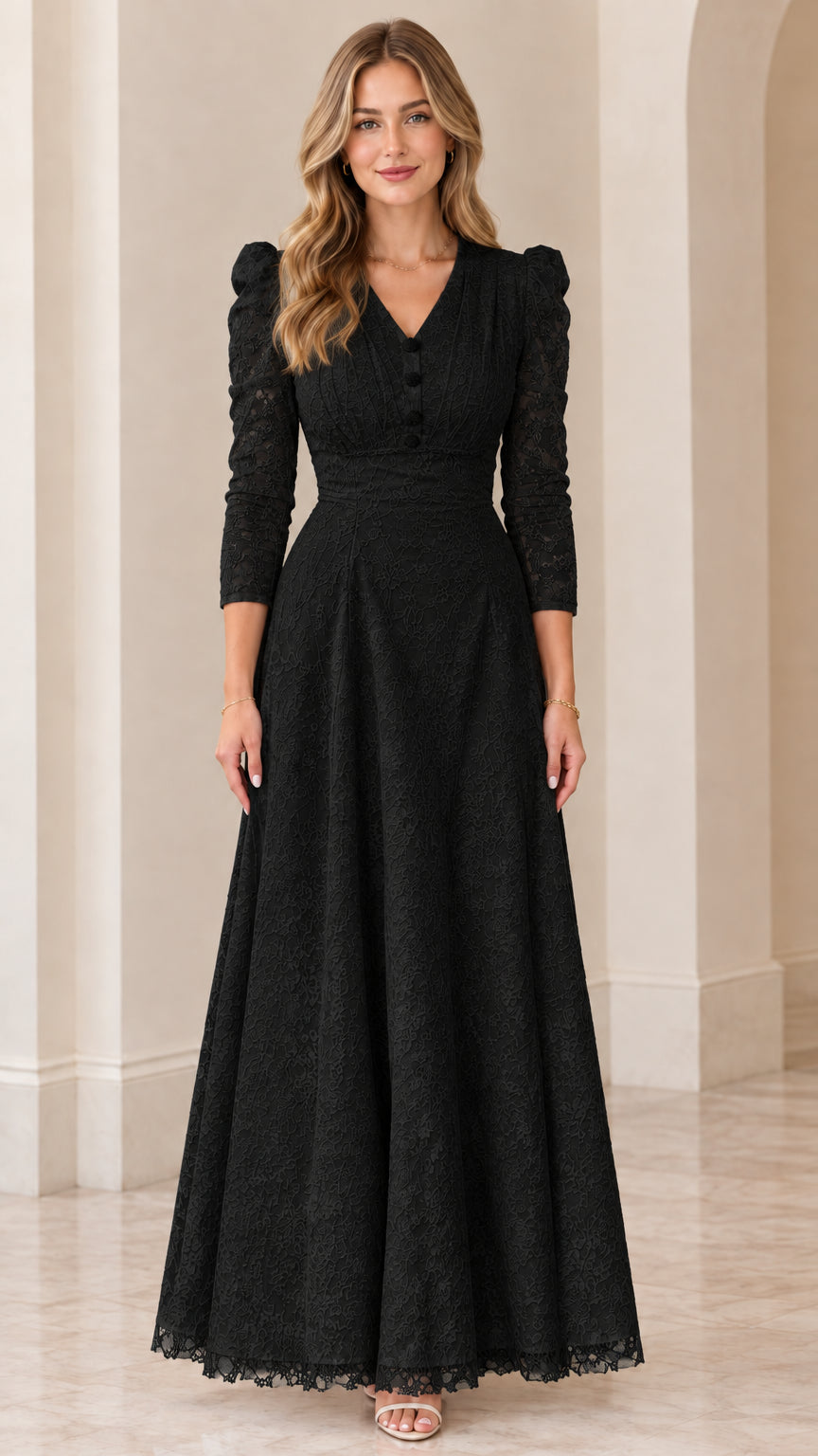 Full-length front view of woman wearing black lace formal maxi dress