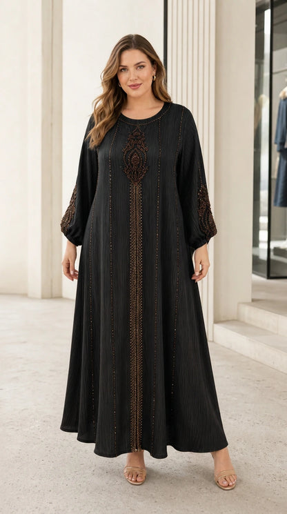 Woman wearing black beaded embroidery long sleeve maxi kaftan dress