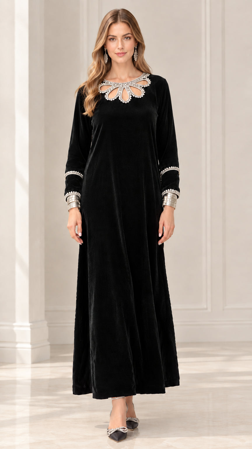 Black long sleeve velvet maxi dress with sparkling crystal cutout neckline