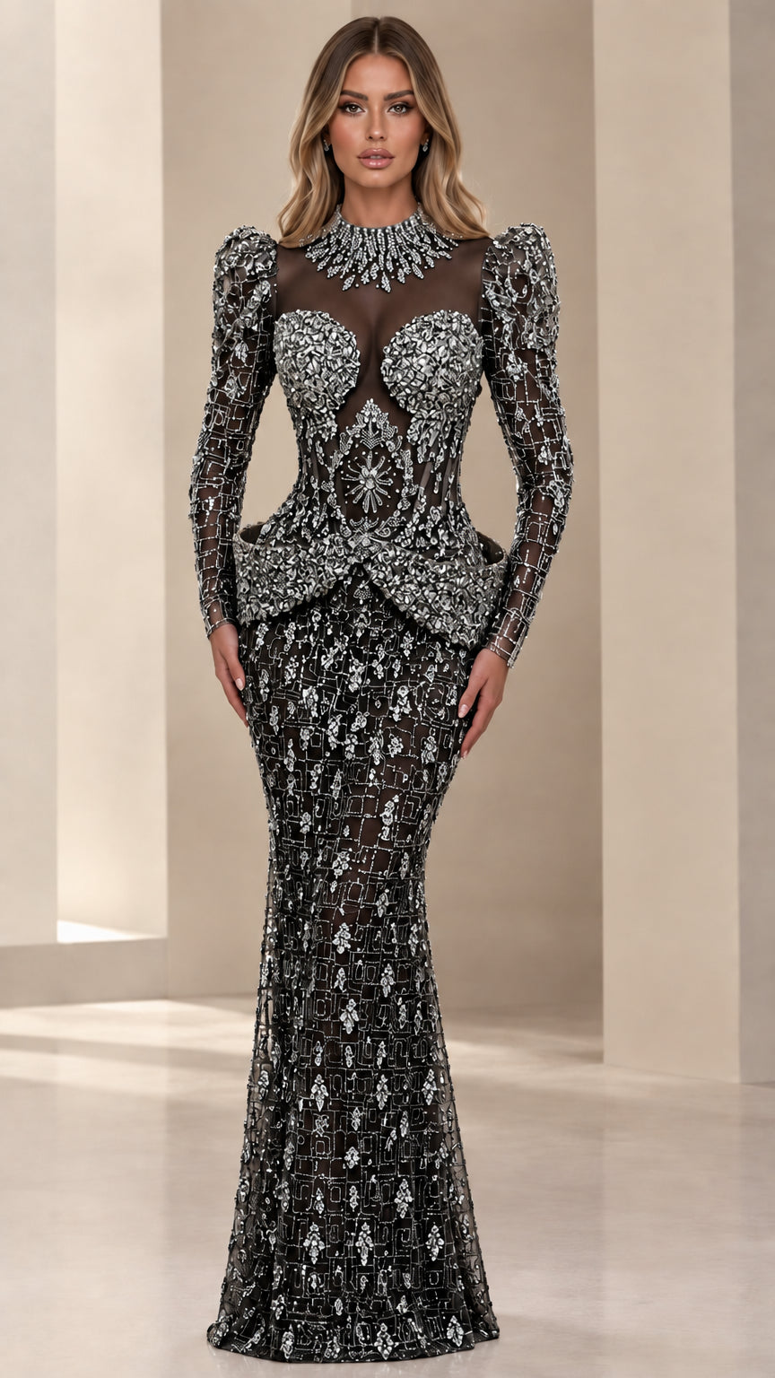 Black rhinestone embellished mermaid evening gown with sheer sleeves