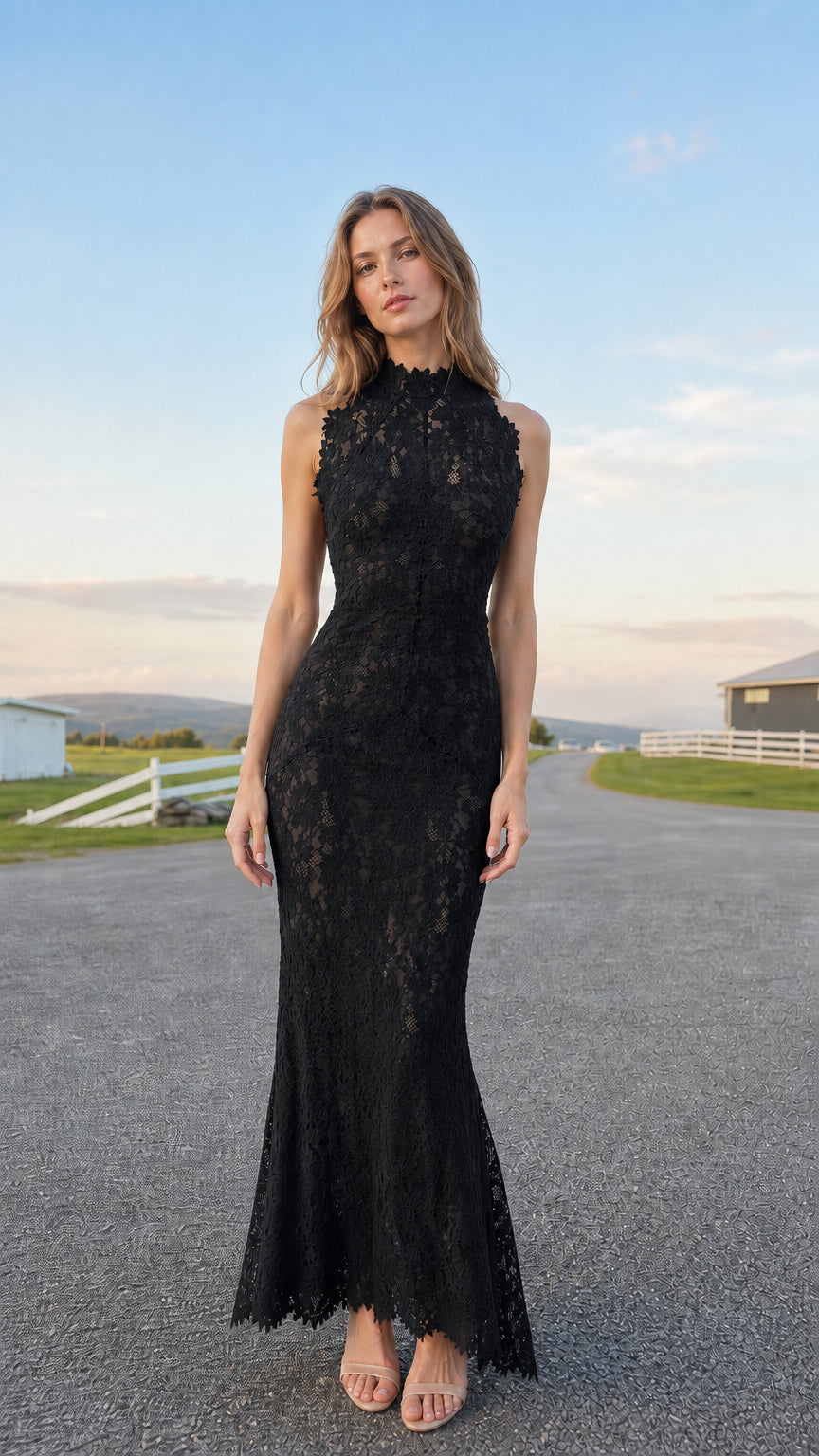 Model wearing black sleeveless high neck floral lace maxi formal dress