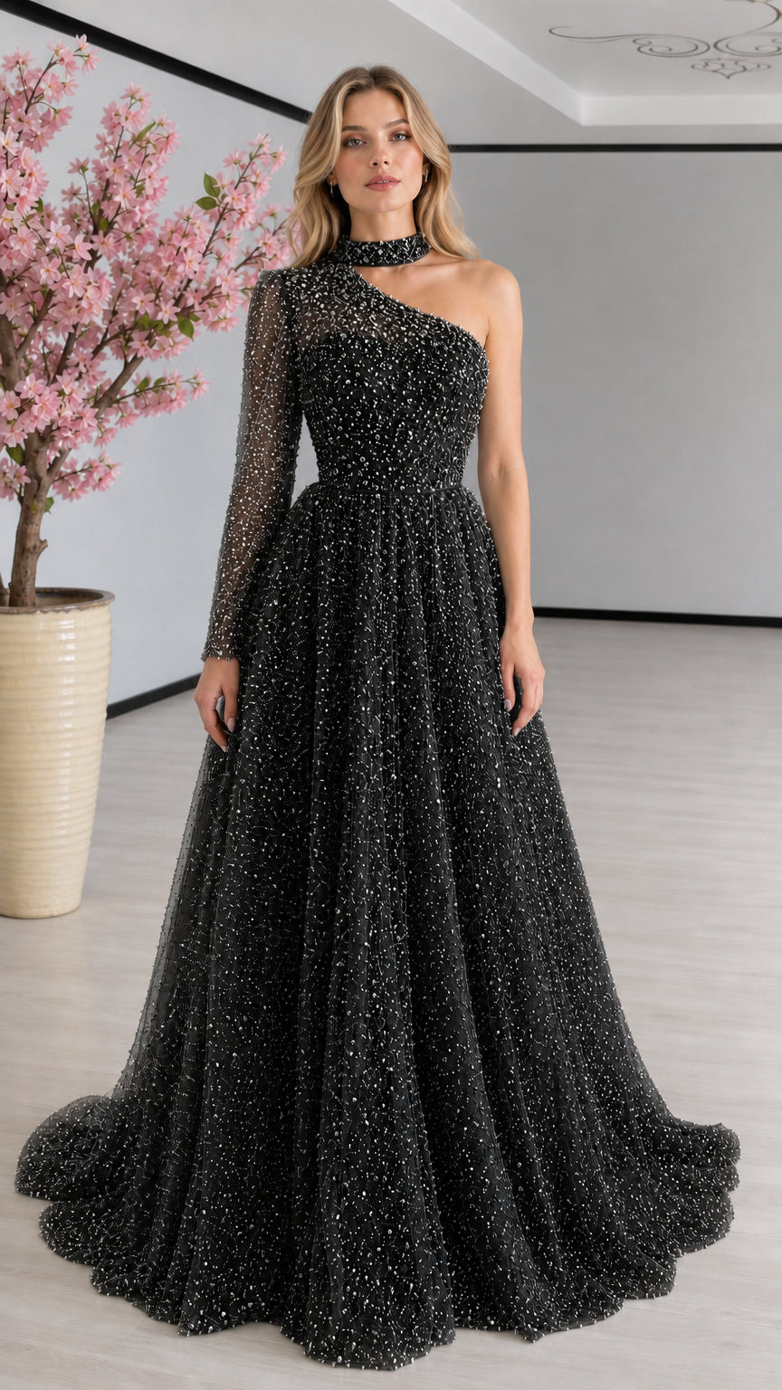 Black one-shoulder beaded evening gown with illusion neckline