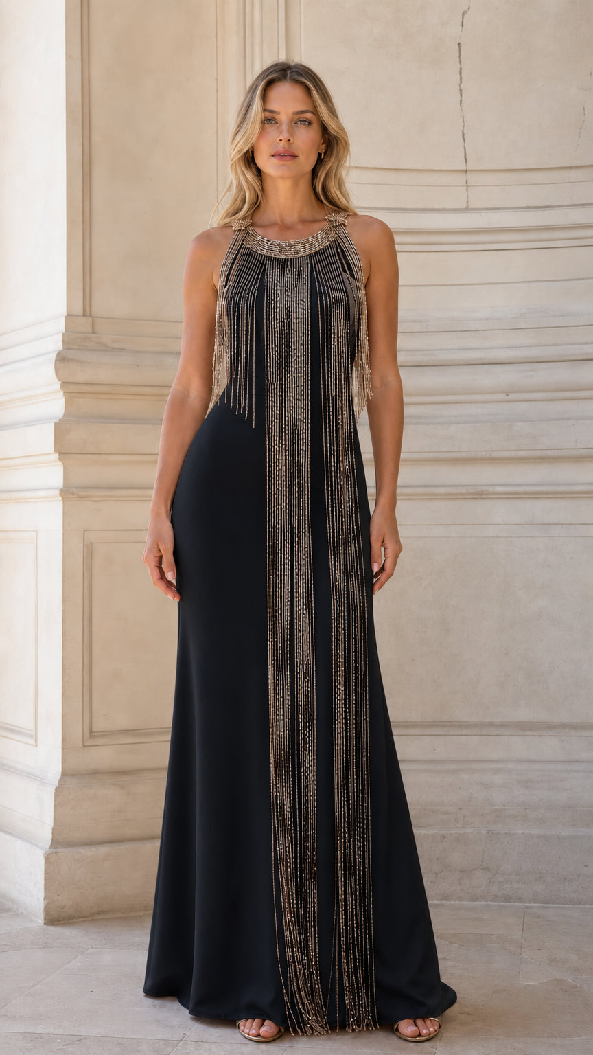 Model wearing Black sleeveless beaded fringe floor-length evening dress