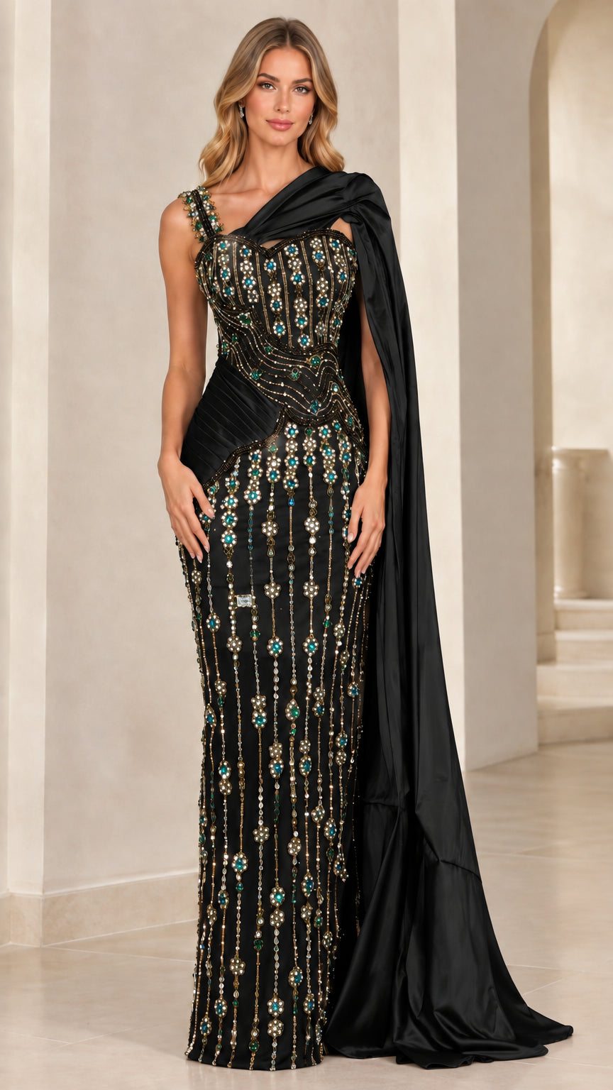 Black embellished one-shoulder evening gown with matching black satin cape
