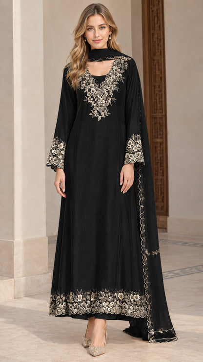 Front view of black embroidered long dress set with gold-toned lace details