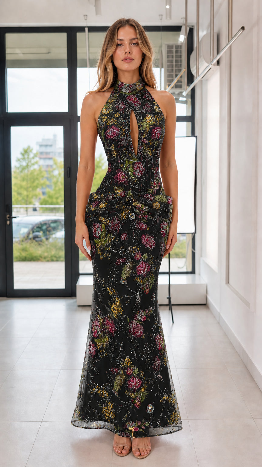 Model wearing black floral sequin evening gown