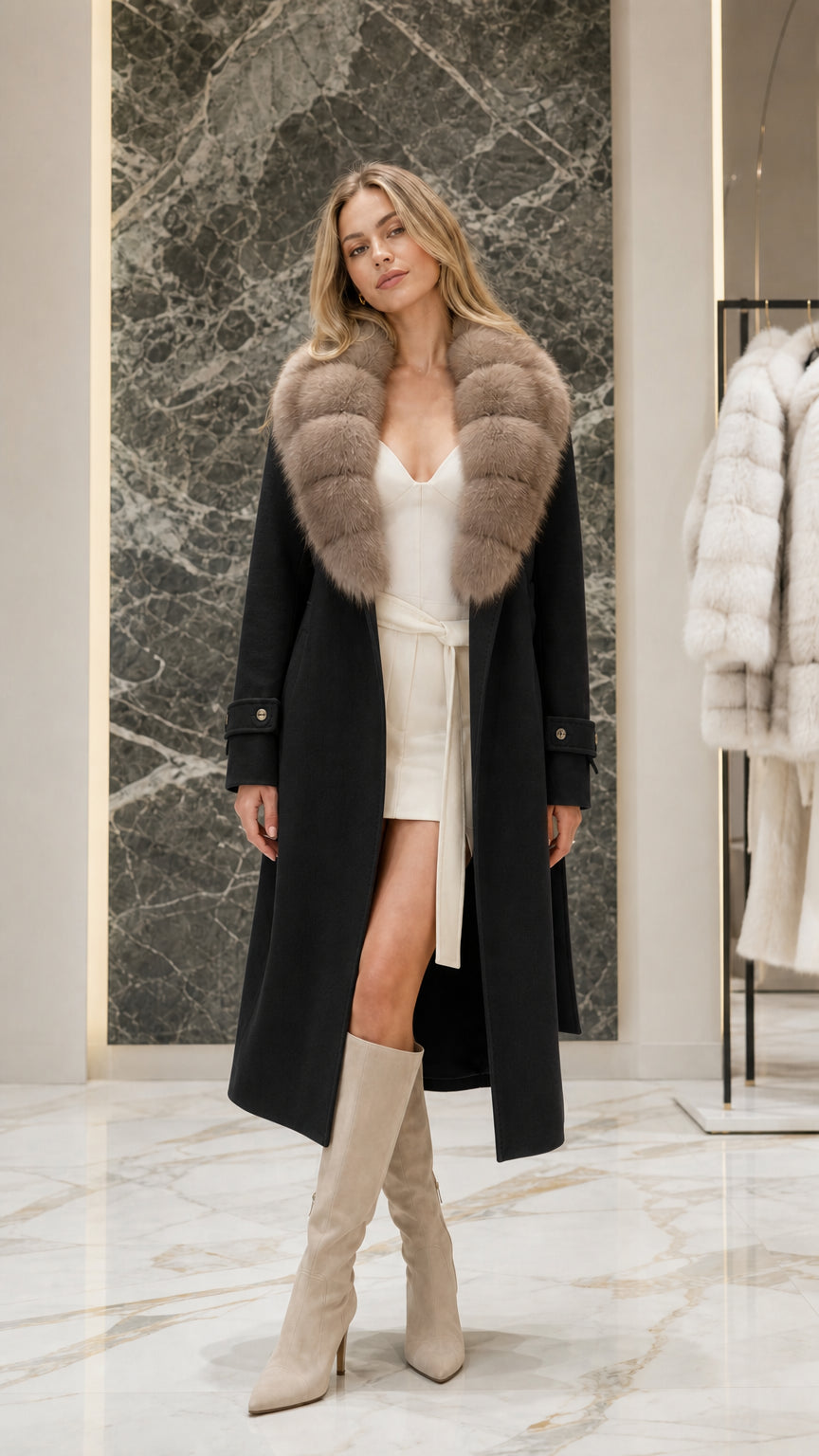 Full front view of black longline coat with plush taupe faux fur collar