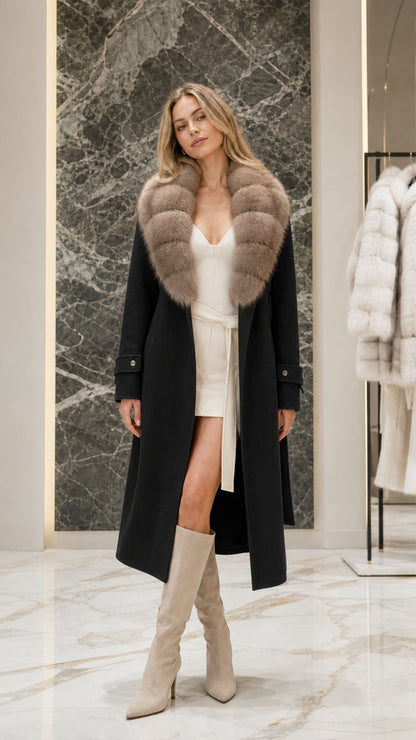Full front view of black longline coat with plush taupe faux fur collar