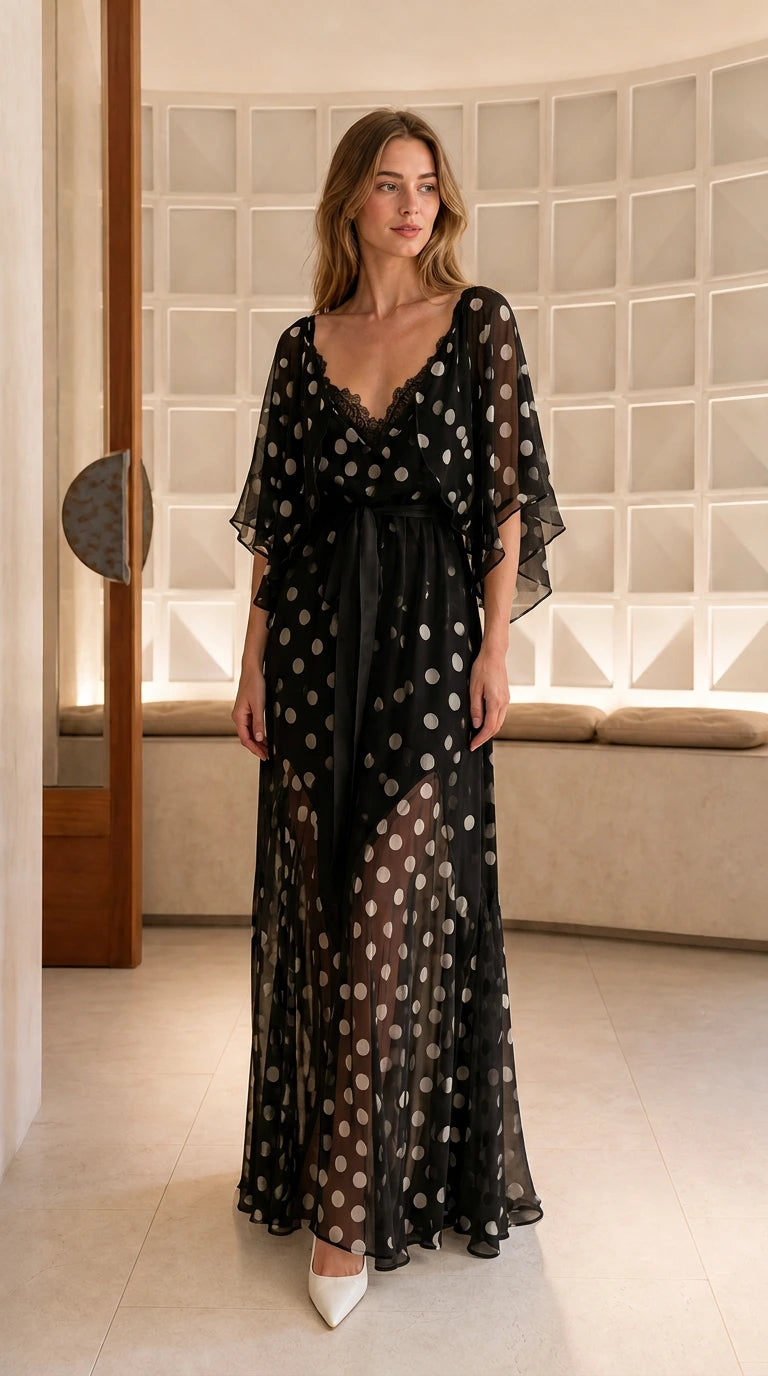 Model wearing black polka dot lace trim maxi dress with flutter sleeves