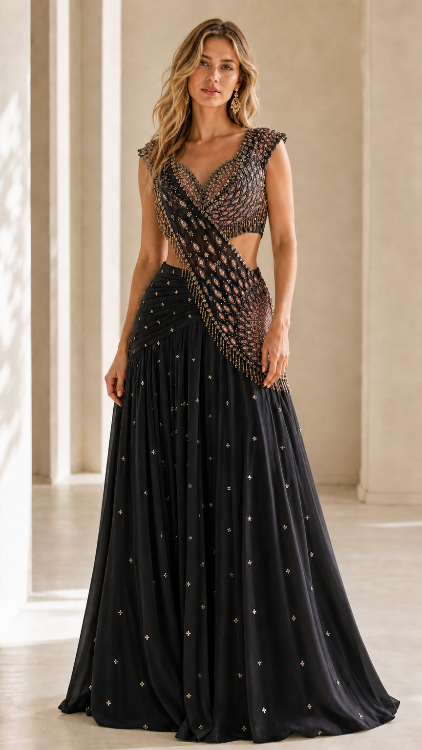 Front view of woman wearing Black beaded cut-out evening maxi gown